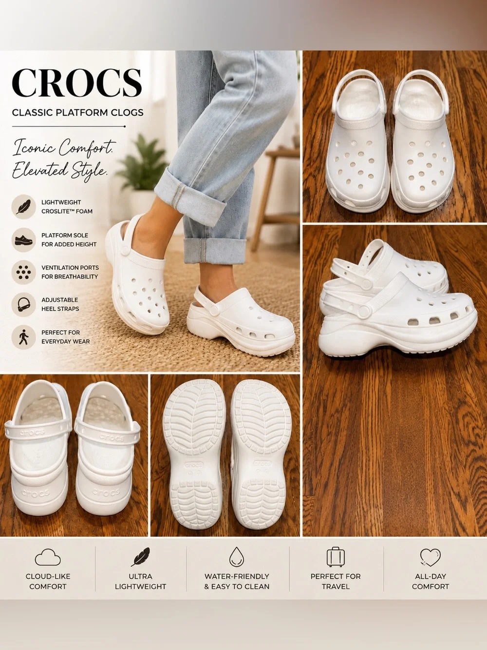Crocs Classic Platform Clogs White Women’s Size 10 Lightweight Comfort Shoe